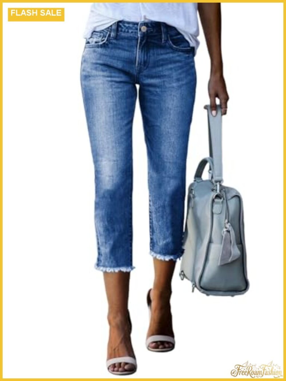 High Waisted Straight Leg Capri Jeans Raw Hem Stretchy Denim Cotton Blend